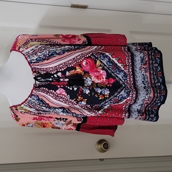 Bila Size S Tie Neckline Boho / Handkerchief Print Bell Sleeve Top, EUC - Picture 2 of 13